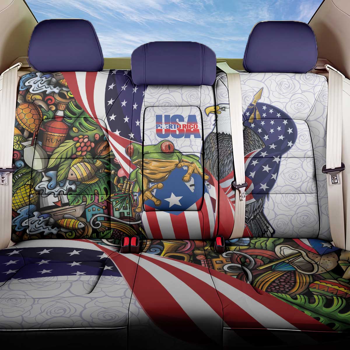 United States Puerto Rico Back Car Seat Cover USA Curve Flag With Coqui Drum - Wonder Print Shop