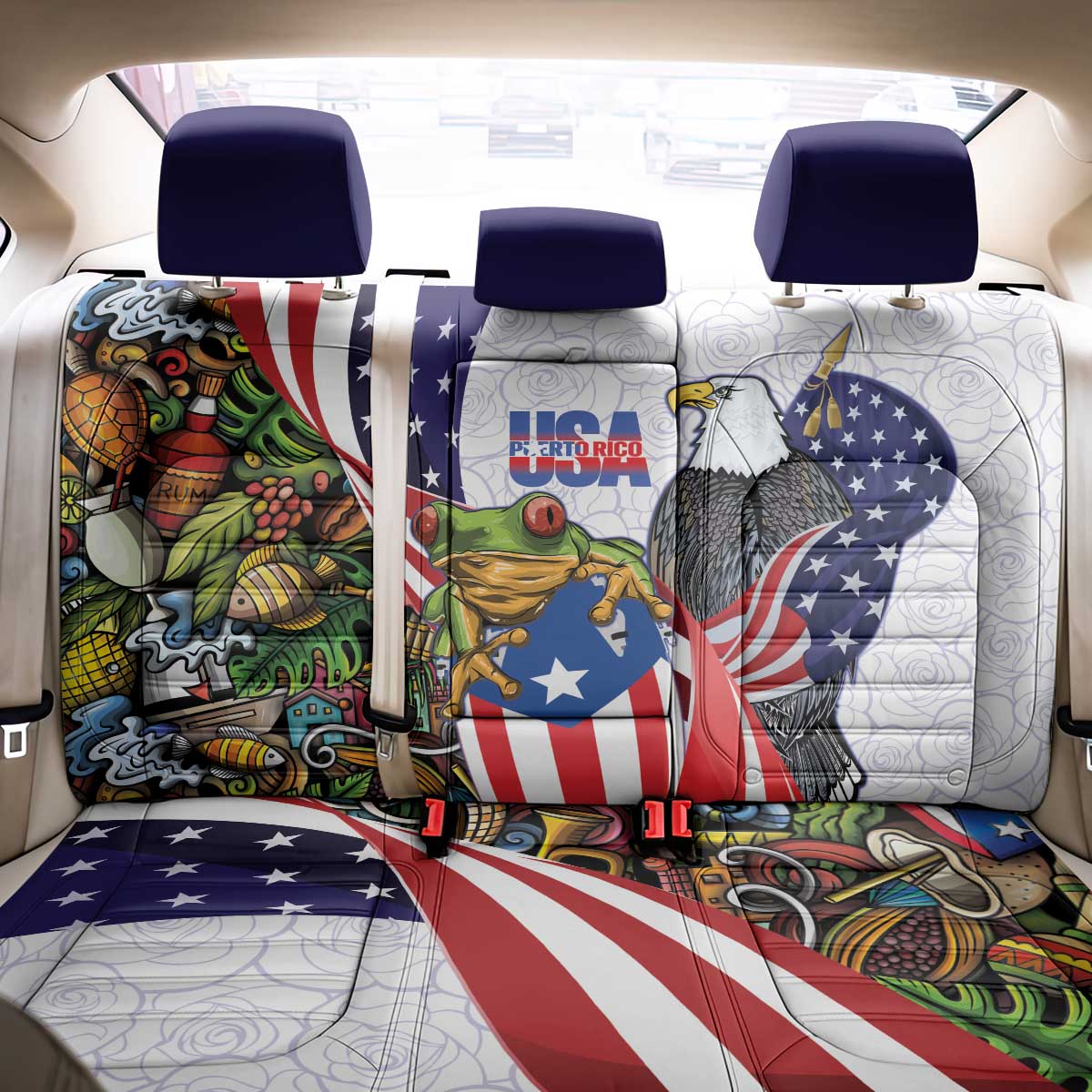 United States Puerto Rico Back Car Seat Cover USA Curve Flag With Coqui Drum - Wonder Print Shop