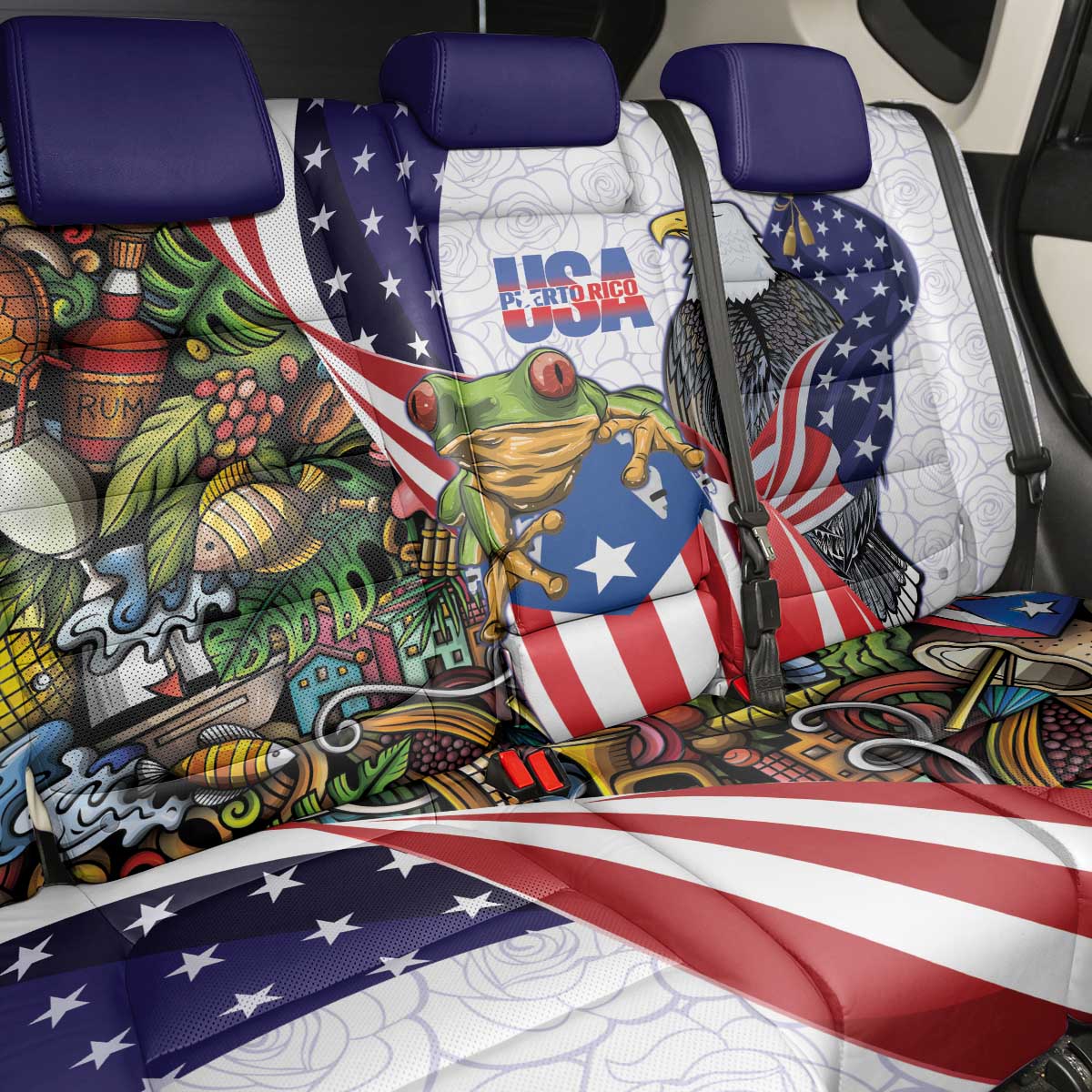 United States Puerto Rico Back Car Seat Cover USA Curve Flag With Coqui Drum - Wonder Print Shop