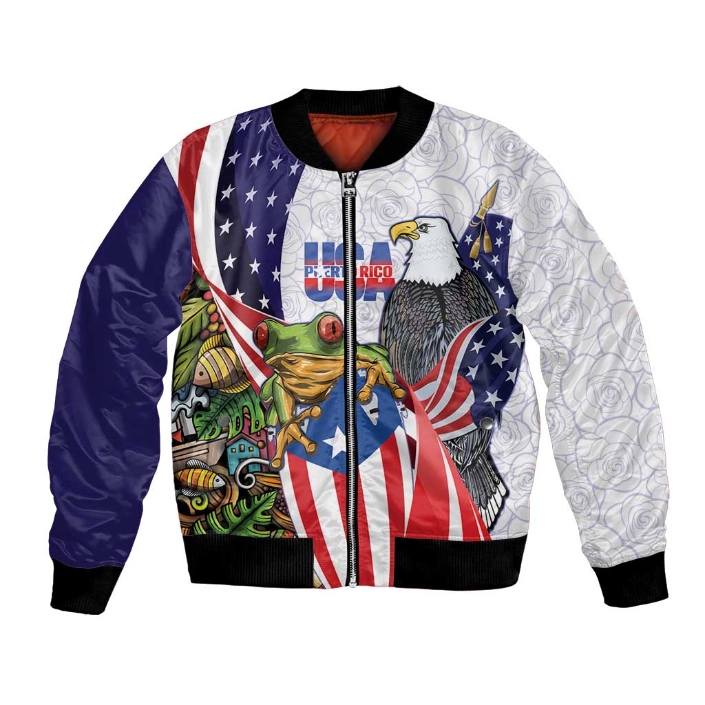 United States Puerto Rico Bomber Jacket USA Curve Flag With Coqui Drum - Wonder Print Shop