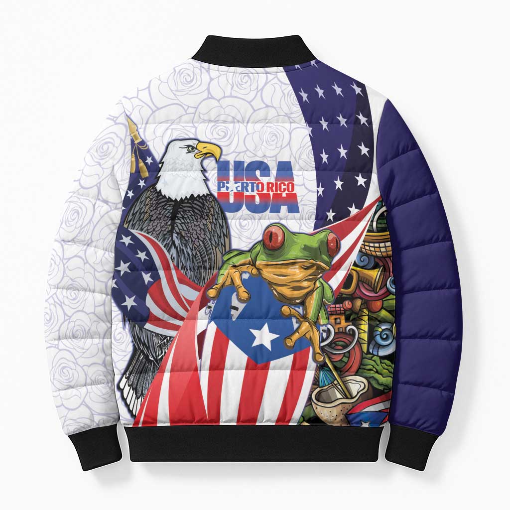 United States Puerto Rico Bomber Puffer Jacket USA Curve Flag With Coqui Drum - Wonder Print Shop
