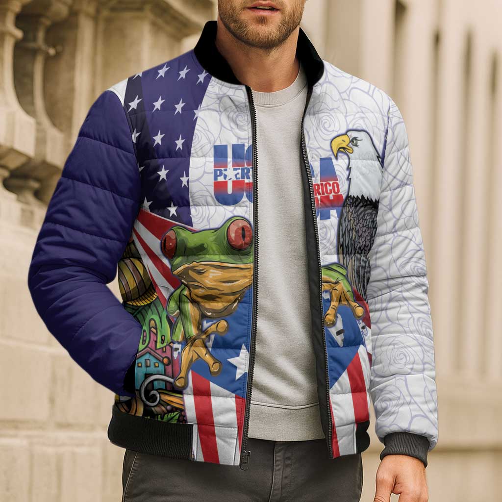 United States Puerto Rico Bomber Puffer Jacket USA Curve Flag With Coqui Drum - Wonder Print Shop