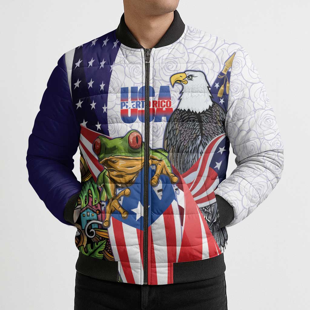 United States Puerto Rico Bomber Puffer Jacket USA Curve Flag With Coqui Drum - Wonder Print Shop