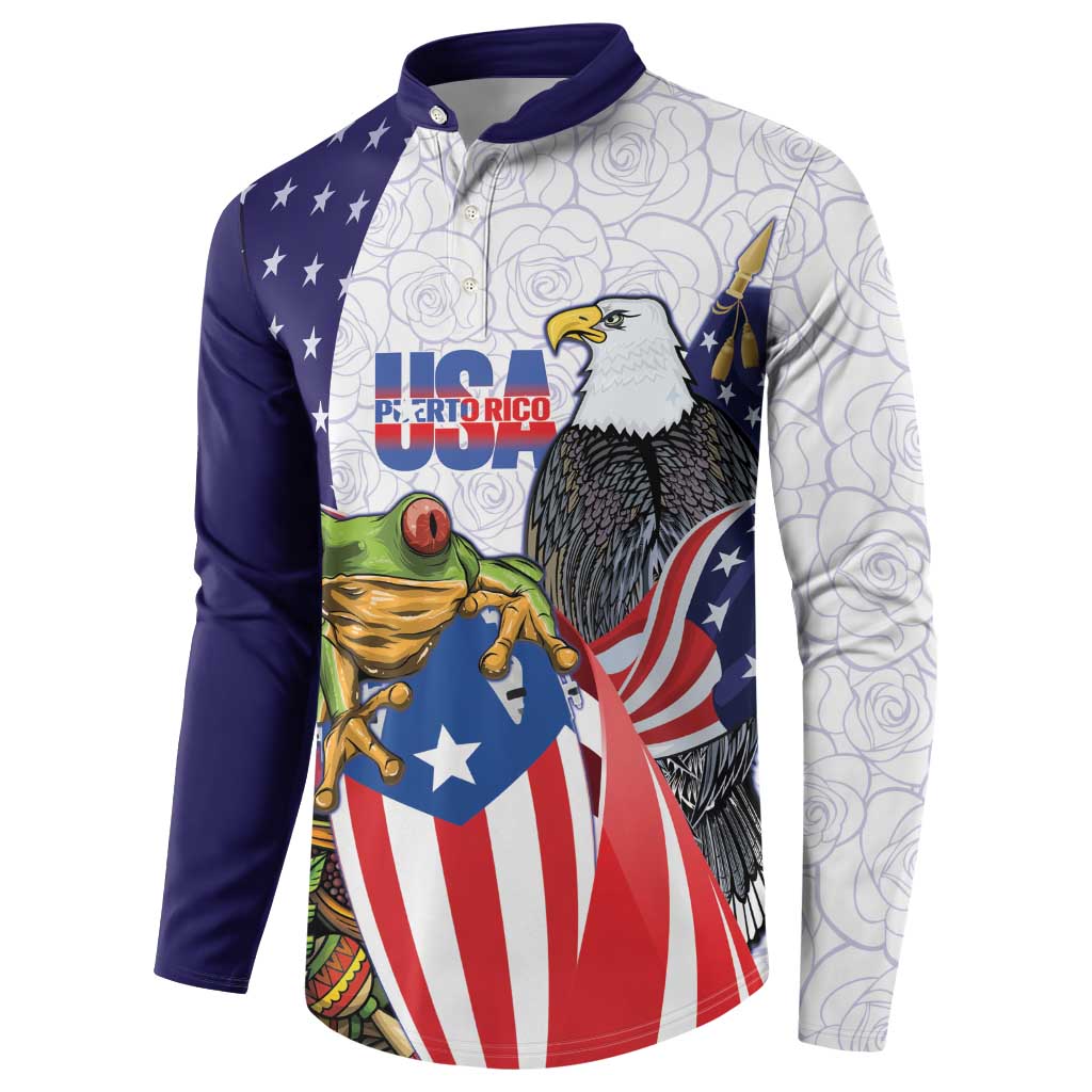United States Puerto Rico Button Sweatshirt USA Curve Flag With Coqui Drum - Wonder Print Shop