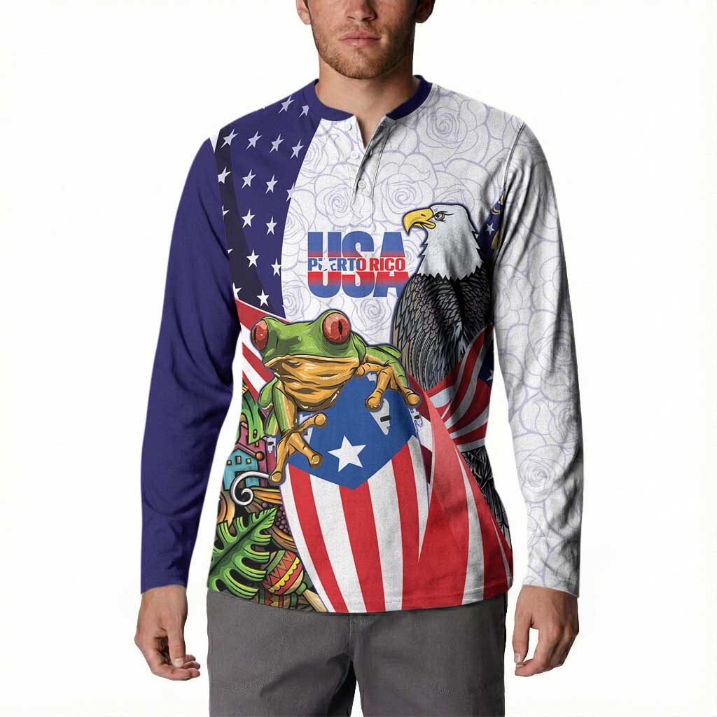 United States Puerto Rico Button Sweatshirt USA Curve Flag With Coqui Drum - Wonder Print Shop