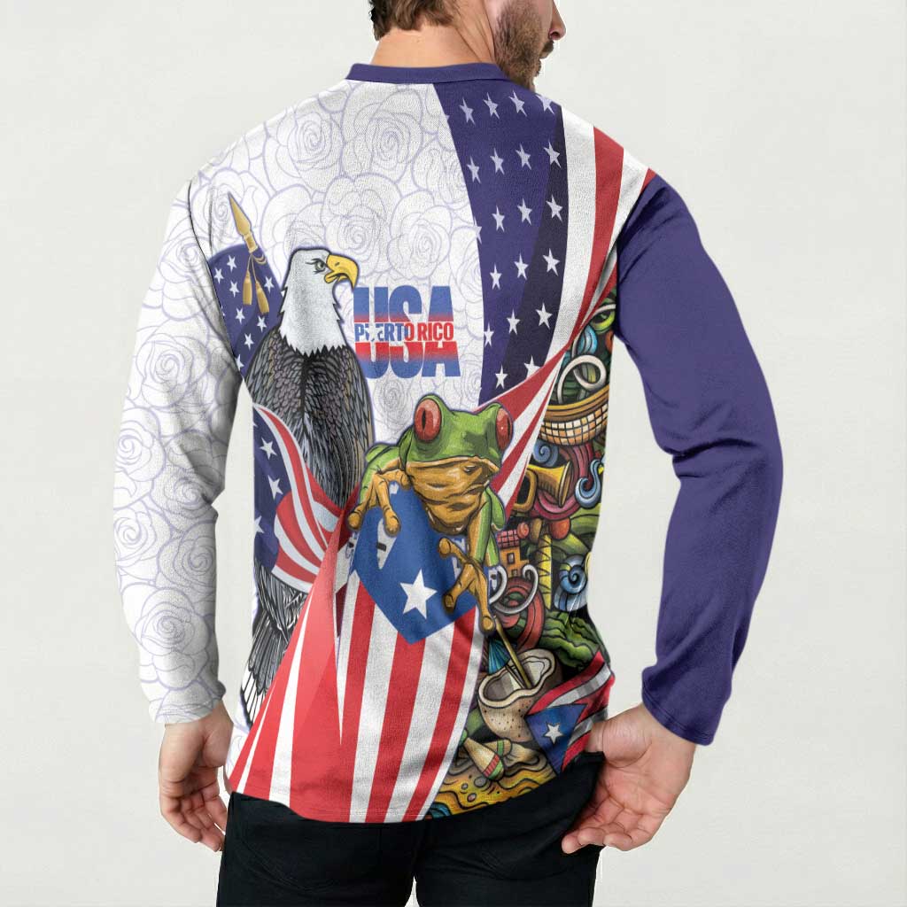 United States Puerto Rico Button Sweatshirt USA Curve Flag With Coqui Drum - Wonder Print Shop