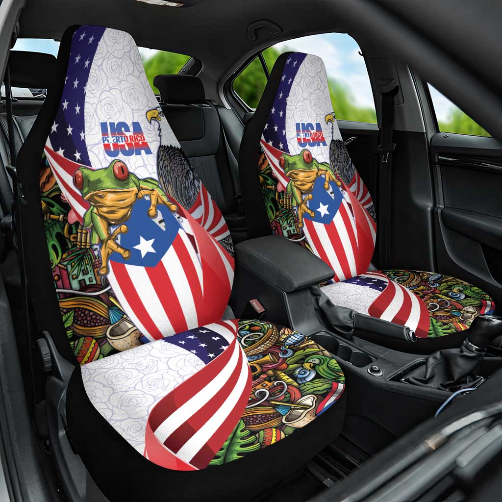 United States Puerto Rico Car Seat Cover USA Curve Flag With Coqui Drum - Wonder Print Shop