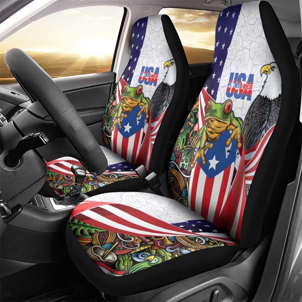 United States Puerto Rico Car Seat Cover USA Curve Flag With Coqui Drum - Wonder Print Shop