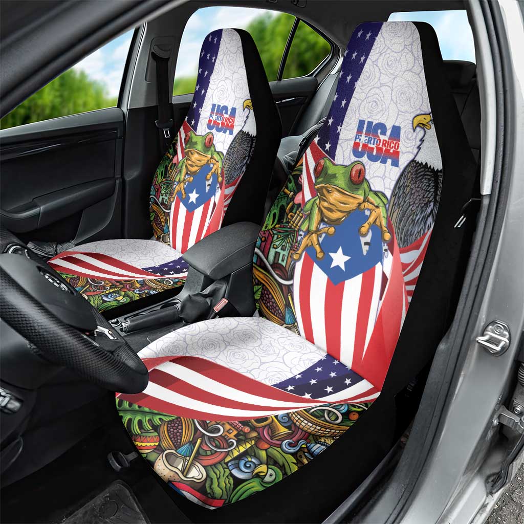 United States Puerto Rico Car Seat Cover USA Curve Flag With Coqui Drum - Wonder Print Shop