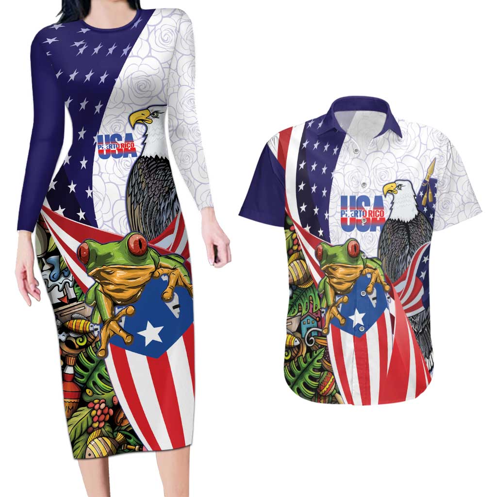 United States Puerto Rico Couples Matching Long Sleeve Bodycon Dress and Hawaiian Shirt USA Curve Flag With Coqui Drum - Wonder Print Shop