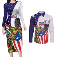 United States Puerto Rico Couples Matching Long Sleeve Bodycon Dress and Long Sleeve Button Shirt USA Curve Flag With Coqui Drum - Wonder Print Shop
