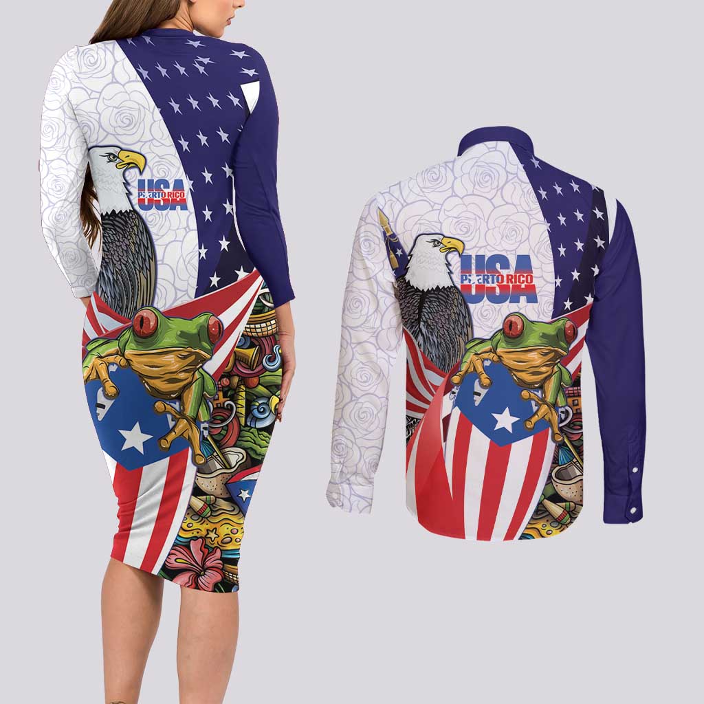United States Puerto Rico Couples Matching Long Sleeve Bodycon Dress and Long Sleeve Button Shirt USA Curve Flag With Coqui Drum - Wonder Print Shop
