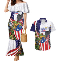 United States Puerto Rico Couples Matching Mermaid Dress and Hawaiian Shirt USA Curve Flag With Coqui Drum - Wonder Print Shop