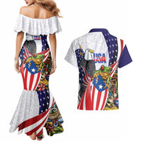 United States Puerto Rico Couples Matching Mermaid Dress and Hawaiian Shirt USA Curve Flag With Coqui Drum - Wonder Print Shop