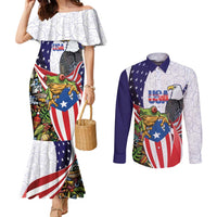 United States Puerto Rico Couples Matching Mermaid Dress and Long Sleeve Button Shirt USA Curve Flag With Coqui Drum - Wonder Print Shop