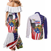 United States Puerto Rico Couples Matching Mermaid Dress and Long Sleeve Button Shirt USA Curve Flag With Coqui Drum - Wonder Print Shop