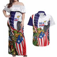 United States Puerto Rico Couples Matching Off Shoulder Maxi Dress and Hawaiian Shirt USA Curve Flag With Coqui Drum - Wonder Print Shop