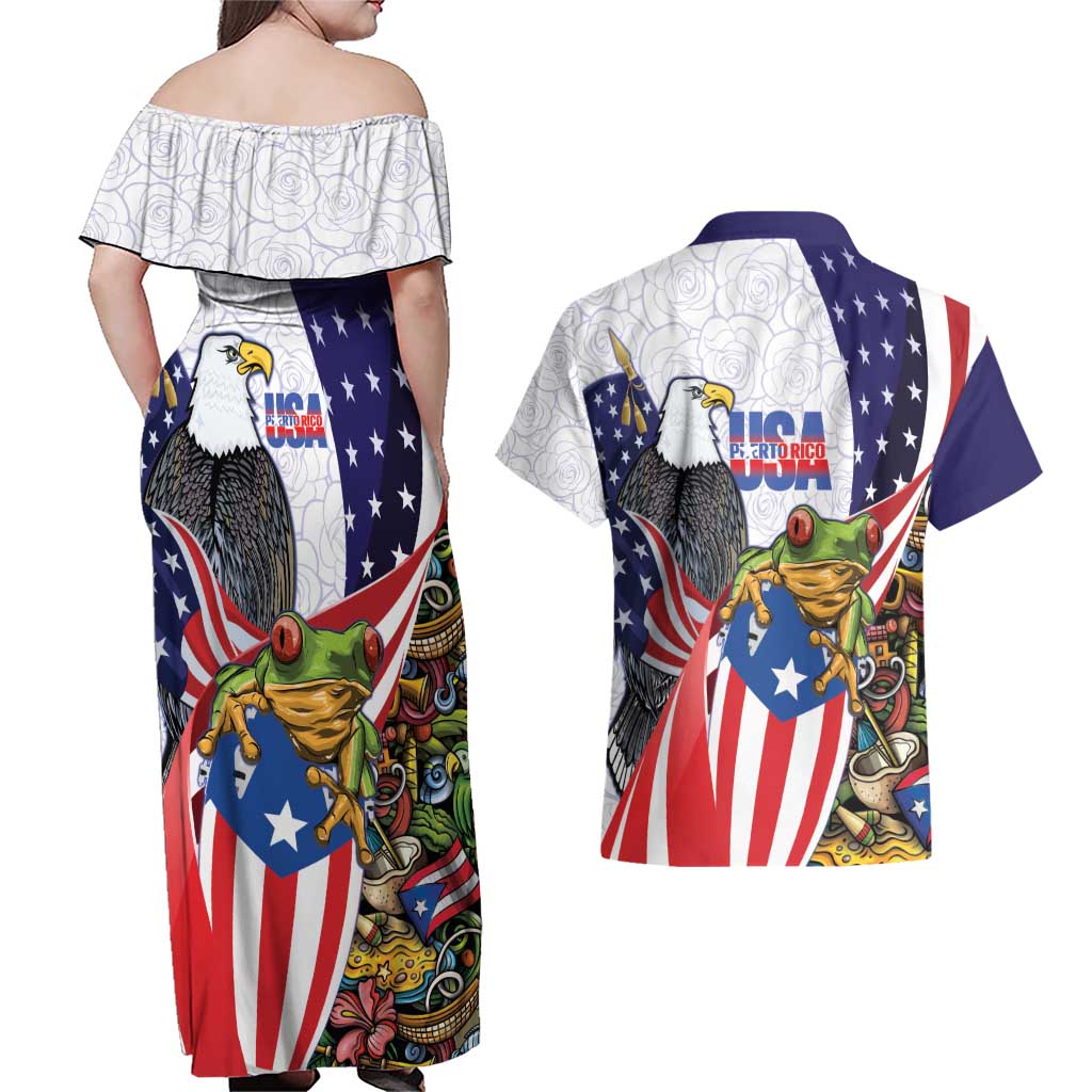 United States Puerto Rico Couples Matching Off Shoulder Maxi Dress and Hawaiian Shirt USA Curve Flag With Coqui Drum - Wonder Print Shop