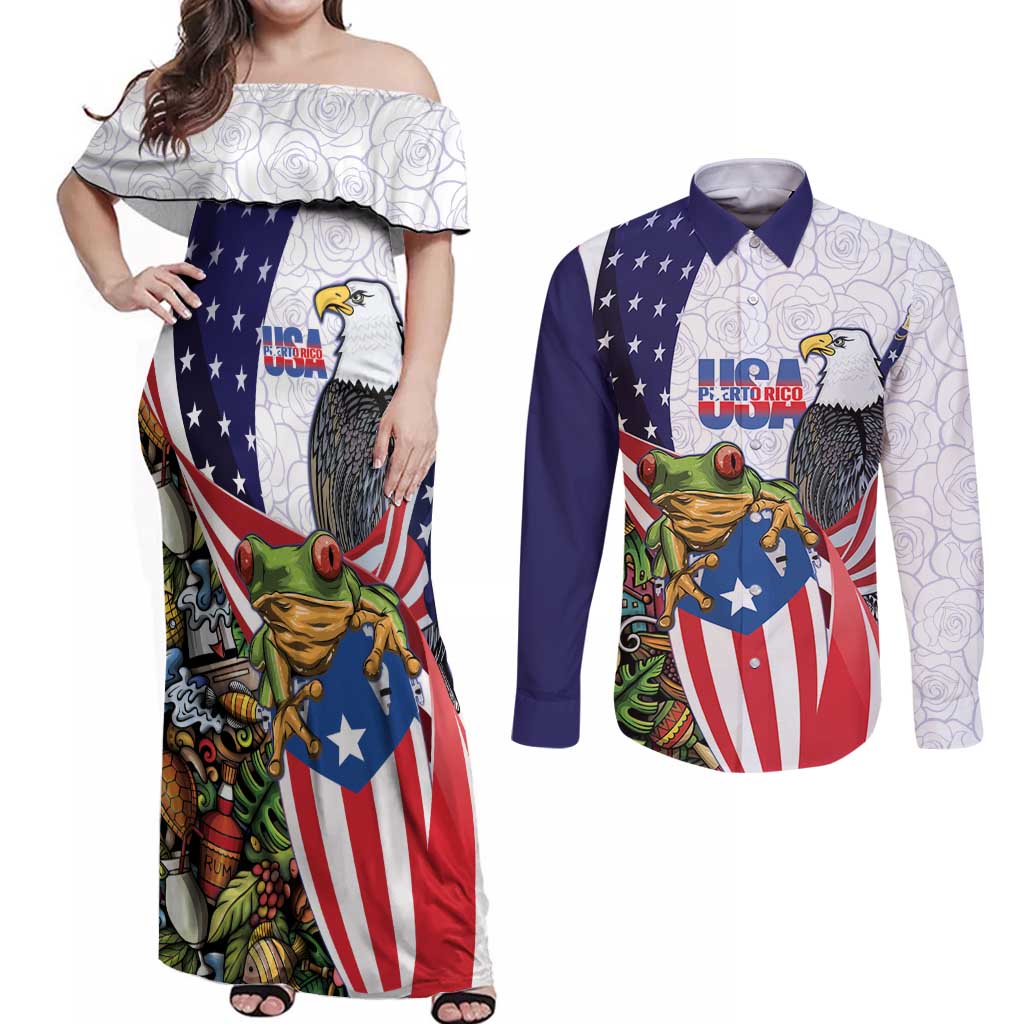 United States Puerto Rico Couples Matching Off Shoulder Maxi Dress and Long Sleeve Button Shirt USA Curve Flag With Coqui Drum - Wonder Print Shop