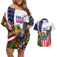 United States Puerto Rico Couples Matching Off Shoulder Short Dress and Hawaiian Shirt USA Curve Flag With Coqui Drum - Wonder Print Shop