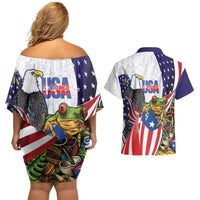 United States Puerto Rico Couples Matching Off Shoulder Short Dress and Hawaiian Shirt USA Curve Flag With Coqui Drum - Wonder Print Shop