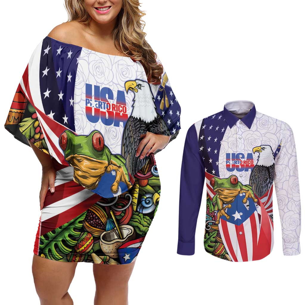 United States Puerto Rico Couples Matching Off Shoulder Short Dress and Long Sleeve Button Shirt USA Curve Flag With Coqui Drum - Wonder Print Shop