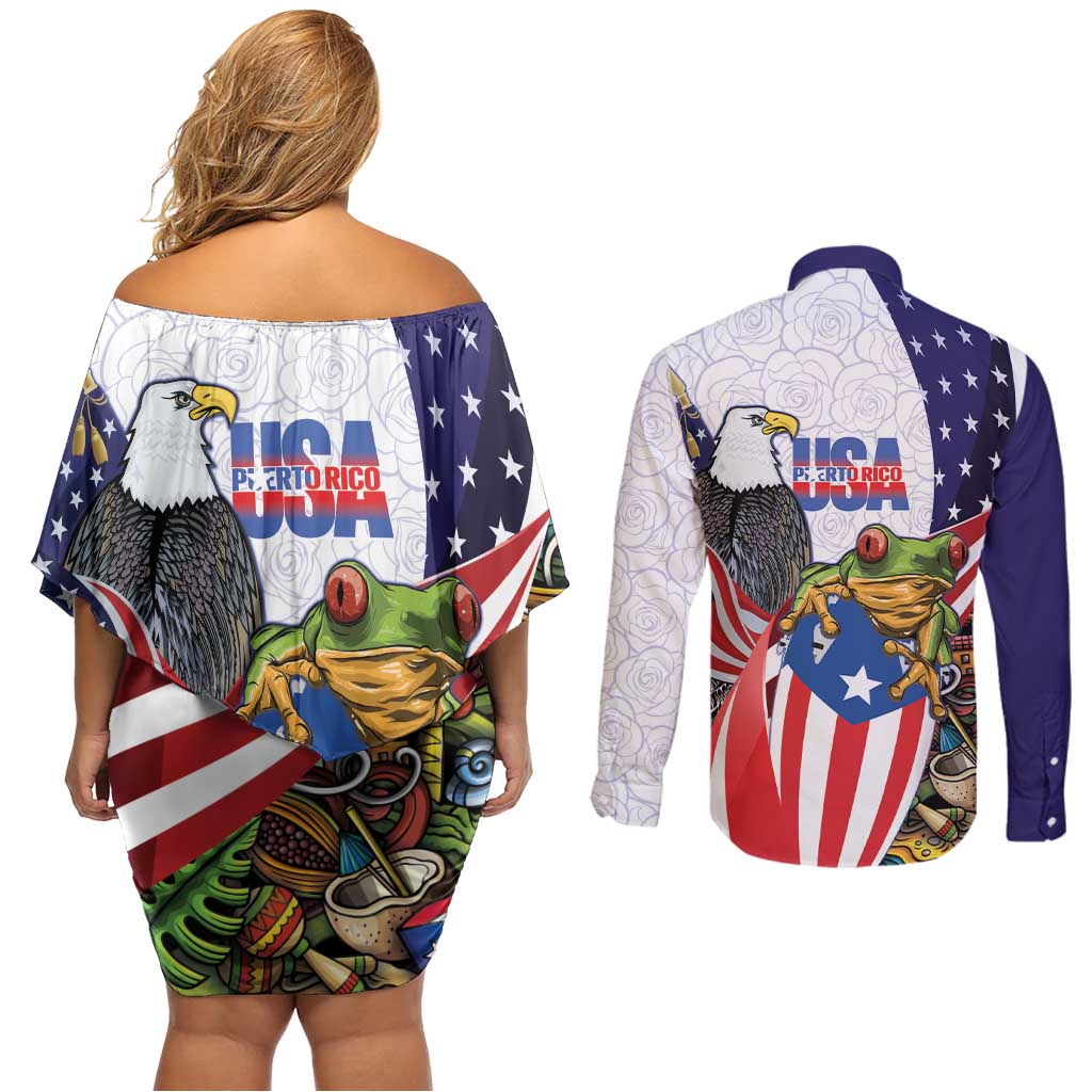 United States Puerto Rico Couples Matching Off Shoulder Short Dress and Long Sleeve Button Shirt USA Curve Flag With Coqui Drum - Wonder Print Shop