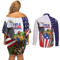 United States Puerto Rico Couples Matching Off Shoulder Short Dress and Long Sleeve Button Shirt USA Curve Flag With Coqui Drum - Wonder Print Shop