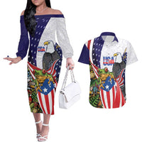 United States Puerto Rico Couples Matching Off The Shoulder Long Sleeve Dress and Hawaiian Shirt USA Curve Flag With Coqui Drum - Wonder Print Shop