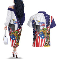 United States Puerto Rico Couples Matching Off The Shoulder Long Sleeve Dress and Hawaiian Shirt USA Curve Flag With Coqui Drum - Wonder Print Shop