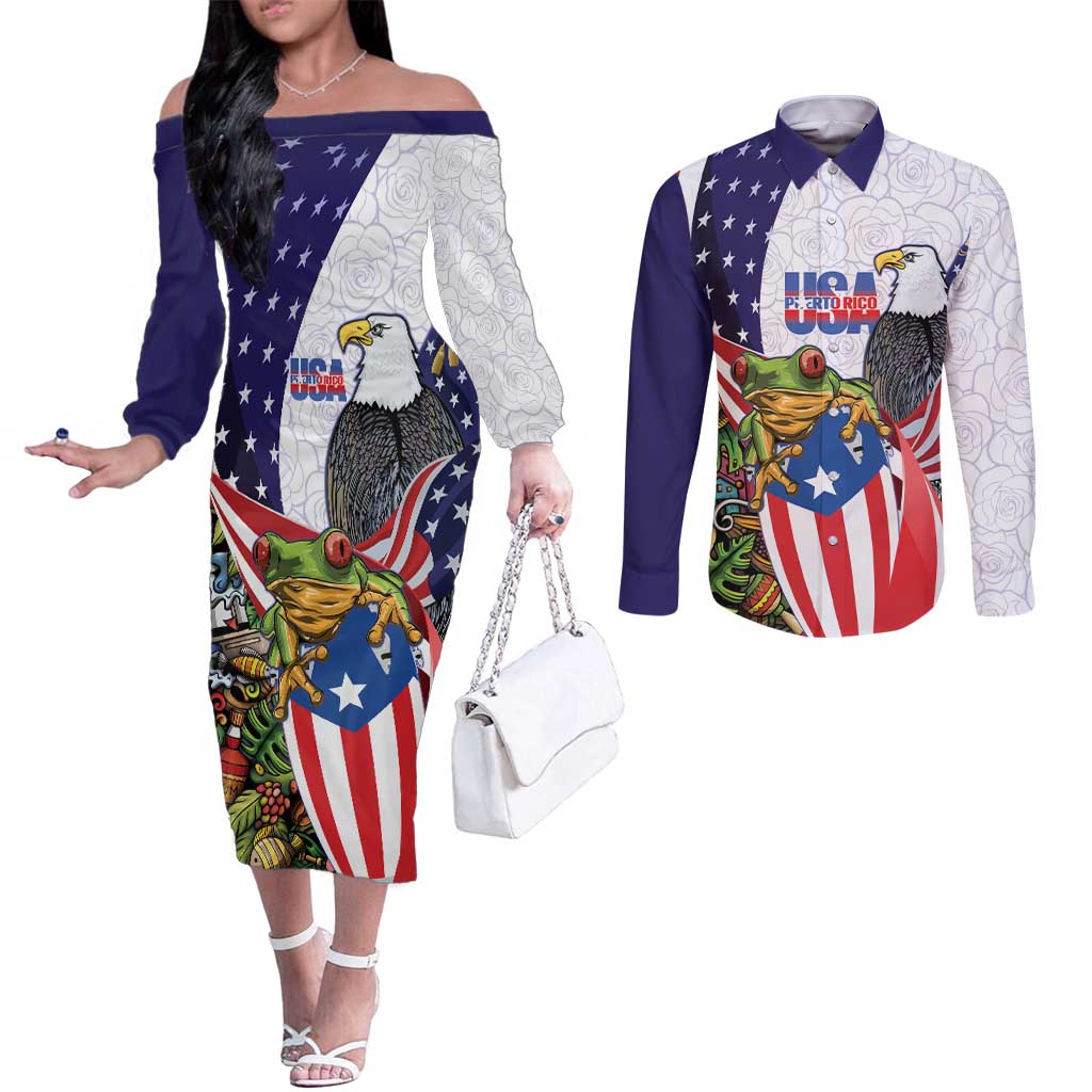 United States Puerto Rico Couples Matching Off The Shoulder Long Sleeve Dress and Long Sleeve Button Shirt USA Curve Flag With Coqui Drum - Wonder Print Shop