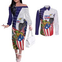 United States Puerto Rico Couples Matching Off The Shoulder Long Sleeve Dress and Long Sleeve Button Shirt USA Curve Flag With Coqui Drum - Wonder Print Shop