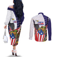 United States Puerto Rico Couples Matching Off The Shoulder Long Sleeve Dress and Long Sleeve Button Shirt USA Curve Flag With Coqui Drum - Wonder Print Shop