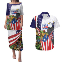 United States Puerto Rico Couples Matching Puletasi and Hawaiian Shirt USA Curve Flag With Coqui Drum - Wonder Print Shop