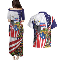 United States Puerto Rico Couples Matching Puletasi and Hawaiian Shirt USA Curve Flag With Coqui Drum - Wonder Print Shop