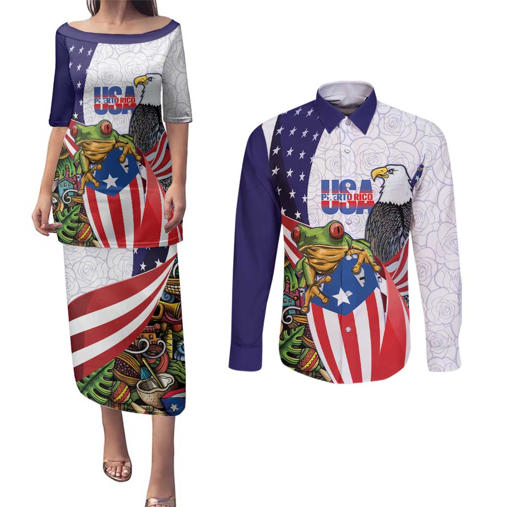 United States Puerto Rico Couples Matching Puletasi and Long Sleeve Button Shirt USA Curve Flag With Coqui Drum - Wonder Print Shop