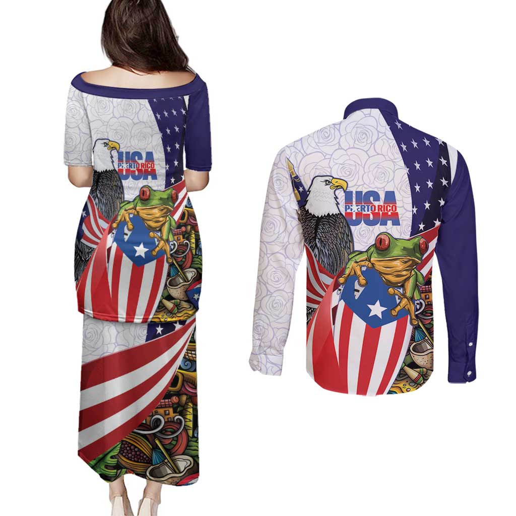 United States Puerto Rico Couples Matching Puletasi and Long Sleeve Button Shirt USA Curve Flag With Coqui Drum - Wonder Print Shop
