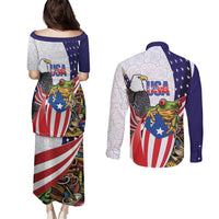 United States Puerto Rico Couples Matching Puletasi and Long Sleeve Button Shirt USA Curve Flag With Coqui Drum - Wonder Print Shop
