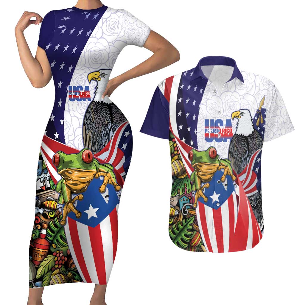 United States Puerto Rico Couples Matching Short Sleeve Bodycon Dress and Hawaiian Shirt USA Curve Flag With Coqui Drum - Wonder Print Shop