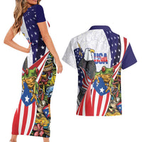 United States Puerto Rico Couples Matching Short Sleeve Bodycon Dress and Hawaiian Shirt USA Curve Flag With Coqui Drum - Wonder Print Shop