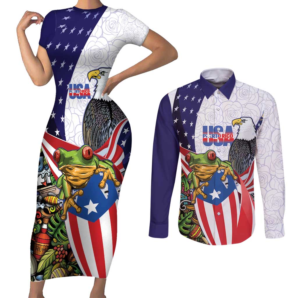 United States Puerto Rico Couples Matching Short Sleeve Bodycon Dress and Long Sleeve Button Shirt USA Curve Flag With Coqui Drum - Wonder Print Shop