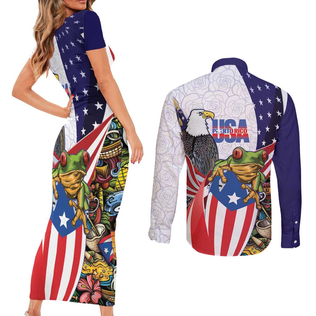 United States Puerto Rico Couples Matching Short Sleeve Bodycon Dress and Long Sleeve Button Shirt USA Curve Flag With Coqui Drum - Wonder Print Shop