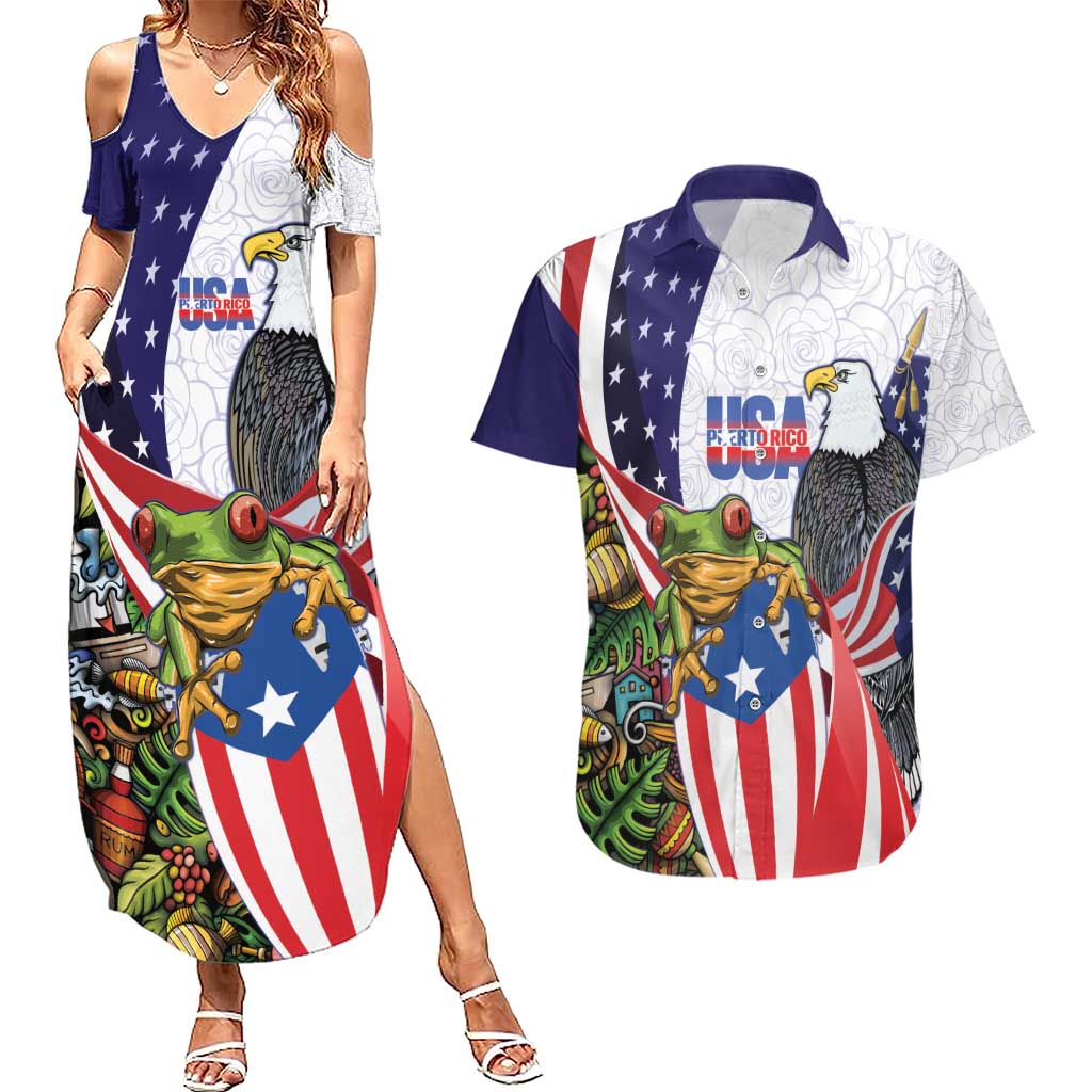 United States Puerto Rico Couples Matching Summer Maxi Dress and Hawaiian Shirt USA Curve Flag With Coqui Drum - Wonder Print Shop