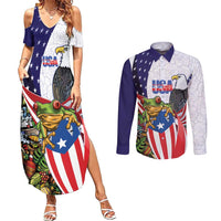 United States Puerto Rico Couples Matching Summer Maxi Dress and Long Sleeve Button Shirt USA Curve Flag With Coqui Drum - Wonder Print Shop