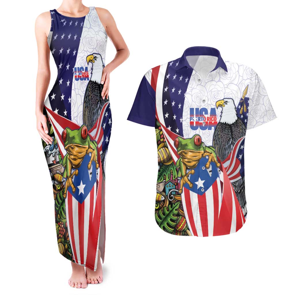 United States Puerto Rico Couples Matching Tank Maxi Dress and Hawaiian Shirt USA Curve Flag With Coqui Drum - Wonder Print Shop