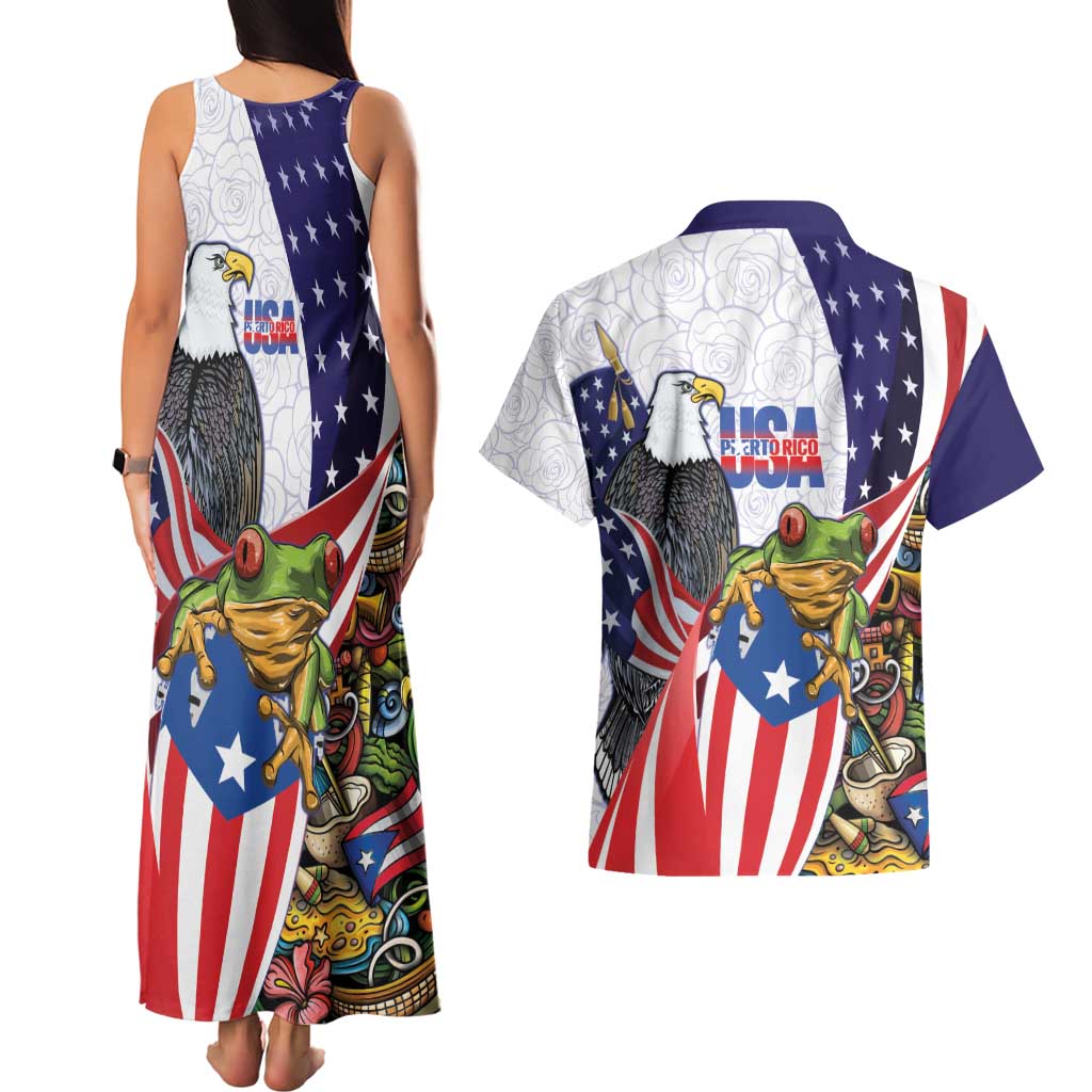 United States Puerto Rico Couples Matching Tank Maxi Dress and Hawaiian Shirt USA Curve Flag With Coqui Drum - Wonder Print Shop