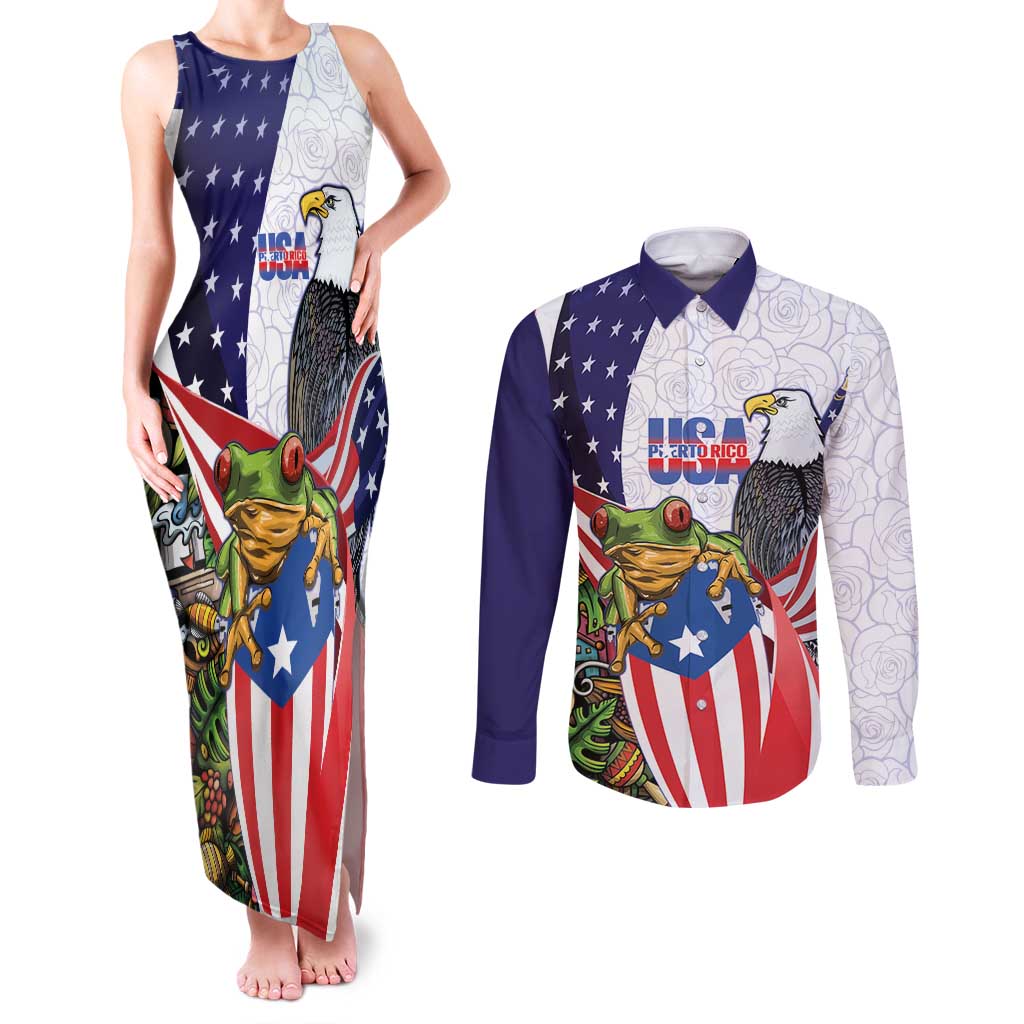 United States Puerto Rico Couples Matching Tank Maxi Dress and Long Sleeve Button Shirt USA Curve Flag With Coqui Drum - Wonder Print Shop