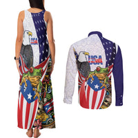 United States Puerto Rico Couples Matching Tank Maxi Dress and Long Sleeve Button Shirt USA Curve Flag With Coqui Drum - Wonder Print Shop