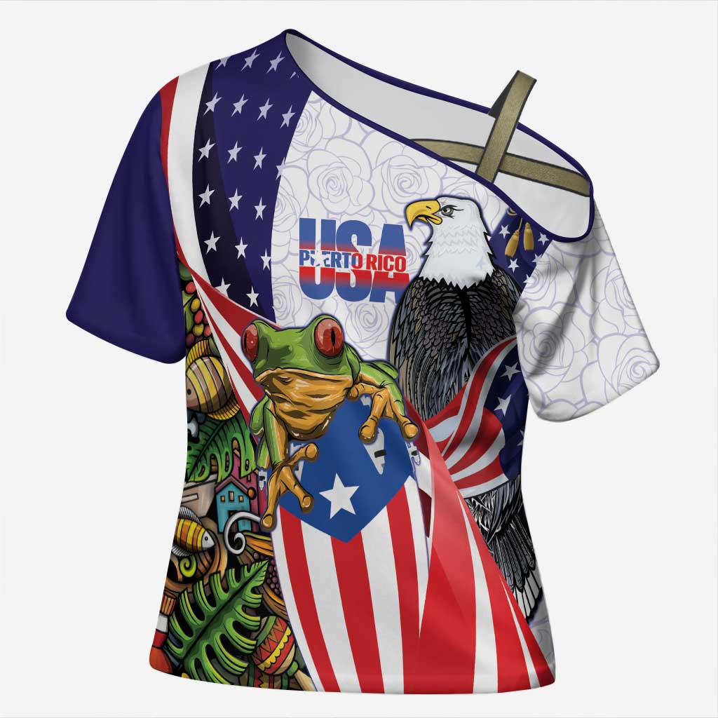 United States Puerto Rico Cross Shoulder Shirt USA Curve Flag With Coqui Drum - Wonder Print Shop