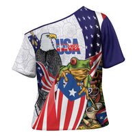 United States Puerto Rico Cross Shoulder Shirt USA Curve Flag With Coqui Drum - Wonder Print Shop